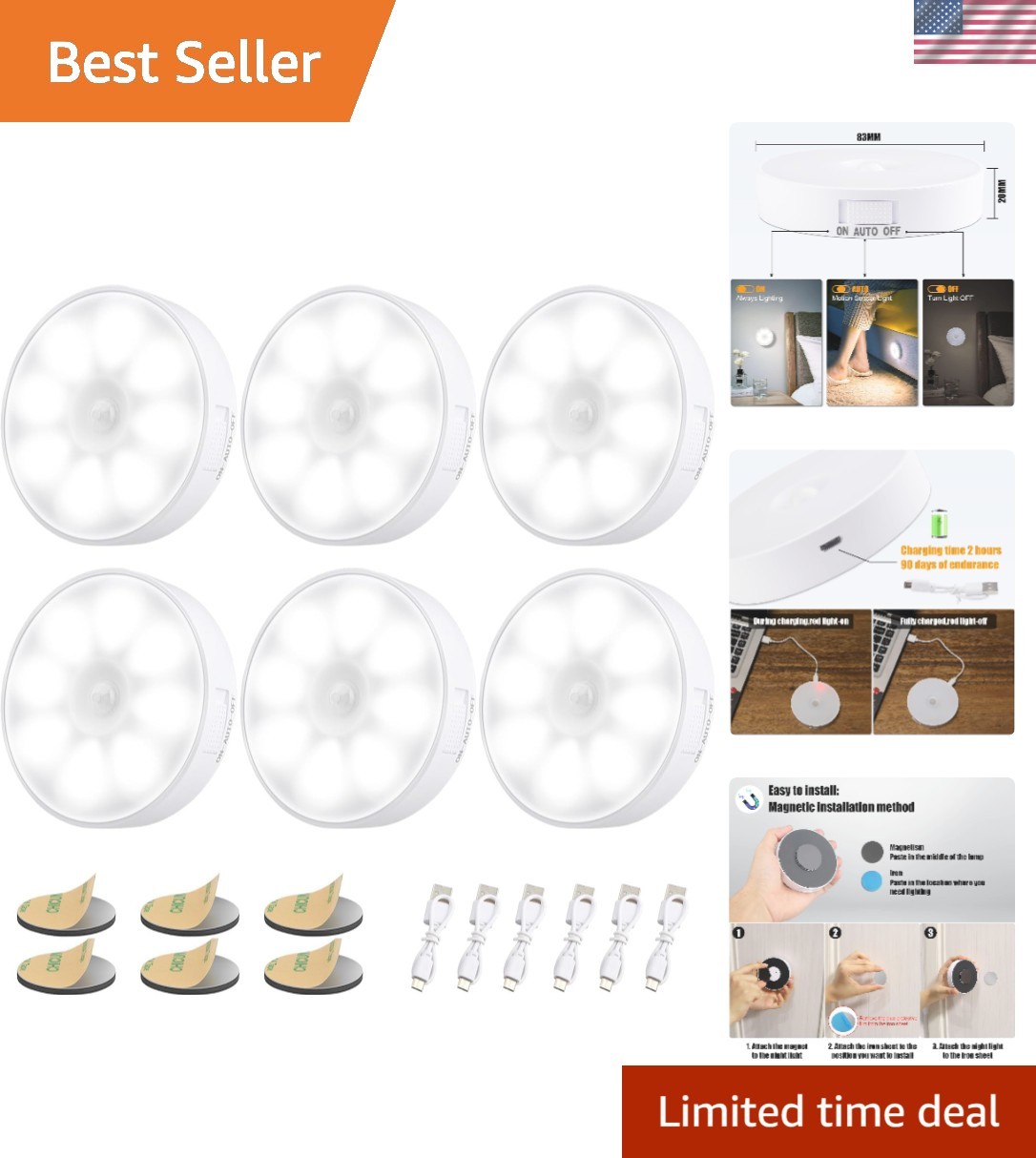 6 PCS Motion Sensor Light, Rechargeable Night Light6000K Cold White | 8 LEDs,...