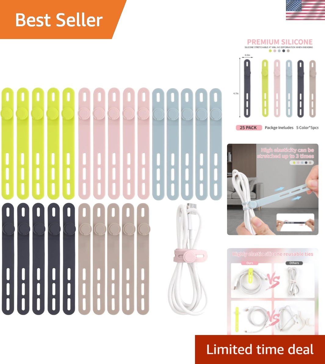 High Elasticity Silicone Cable Ties - 25 Pcs Set for Organized Cords and Gear