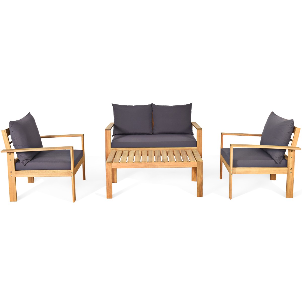 Topbuy 4 PCS Acacia Wood Conversation Sofa Table Furniture Set W/ Grey Cushions