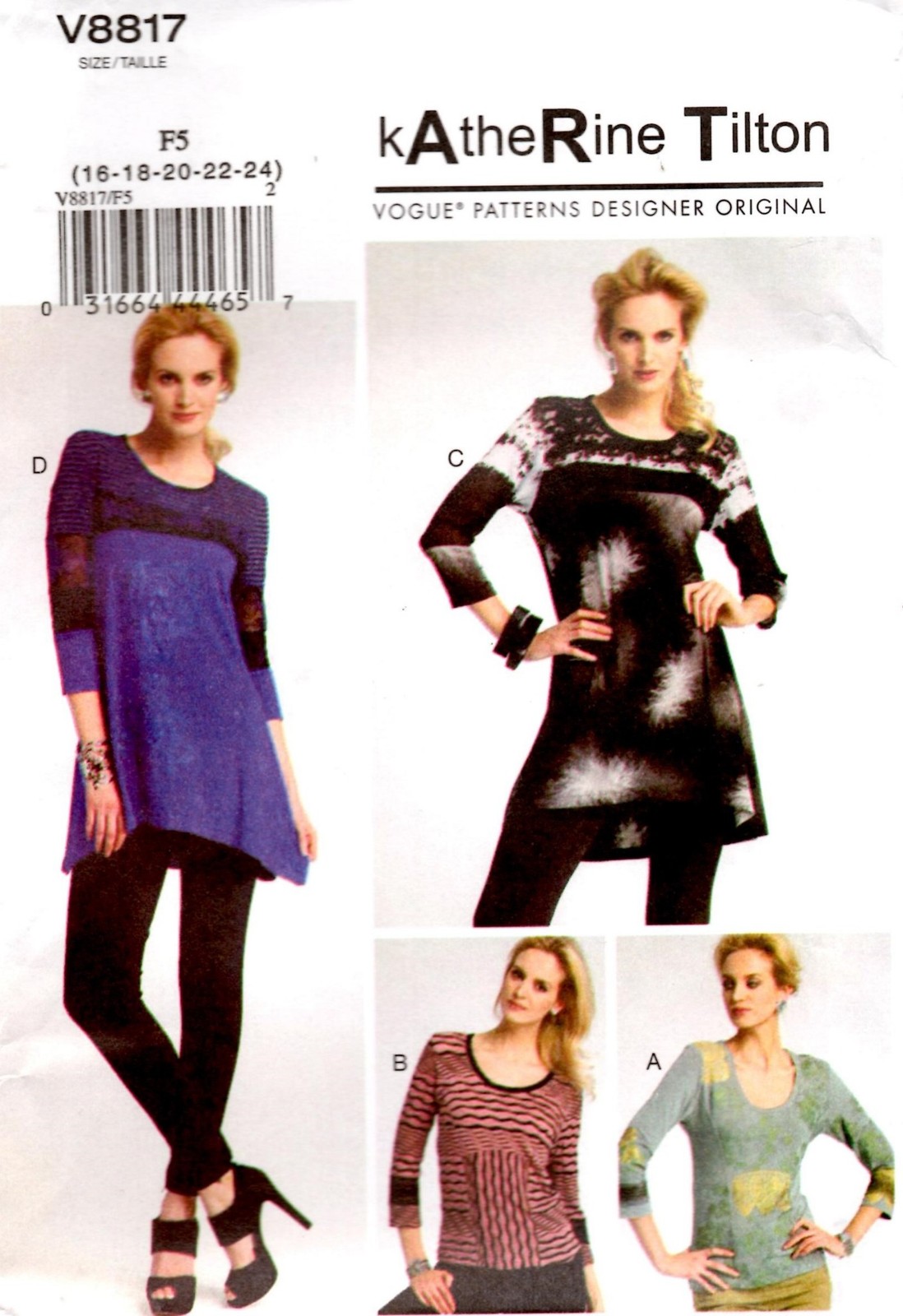 Vogue Sewing Pattern 8817, sz 16-18-20-22-24 Katherine Tilton Pullover Top Tunic