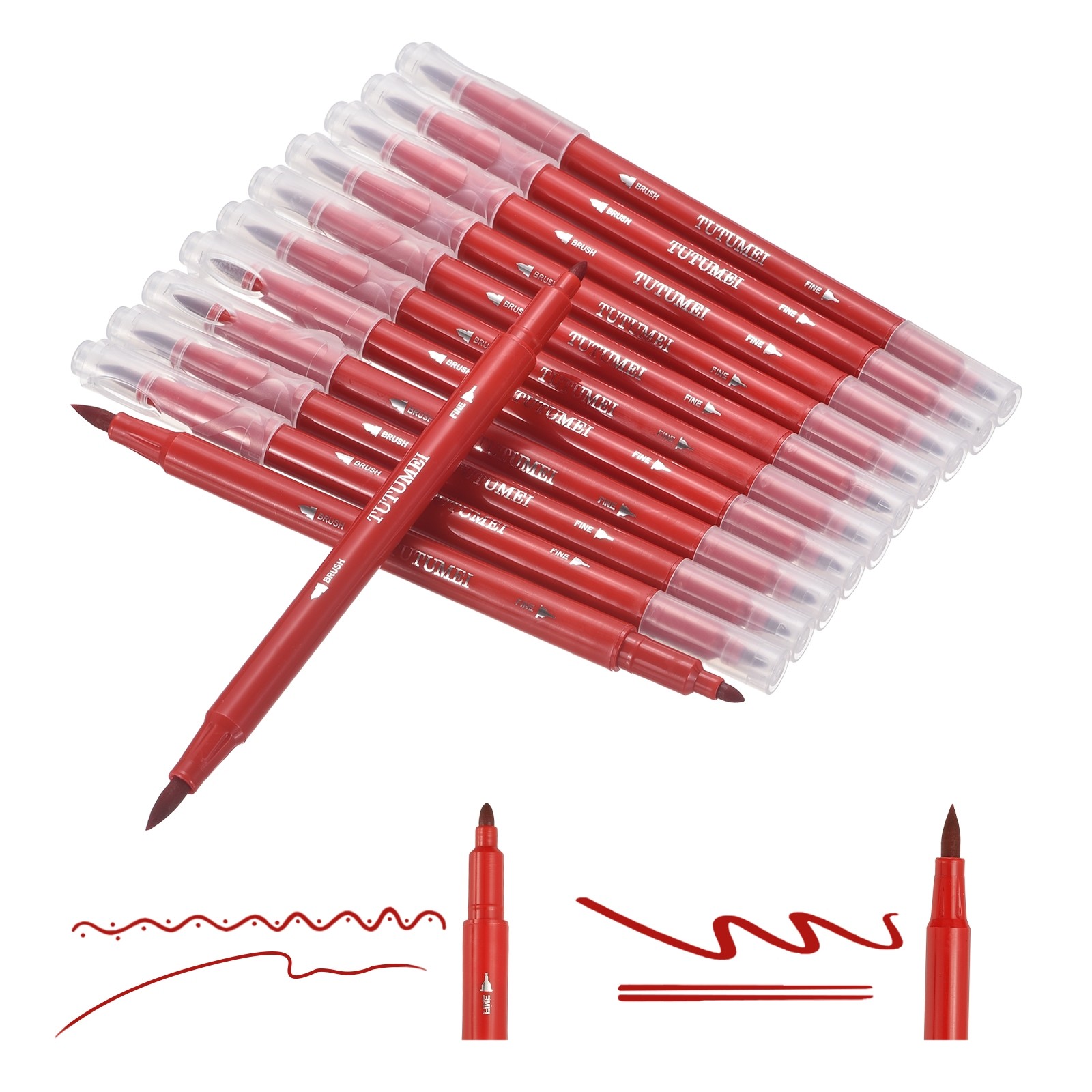 12 Pack Dual Markers Brush Pens Colored Pen Marker Set, Bright Red