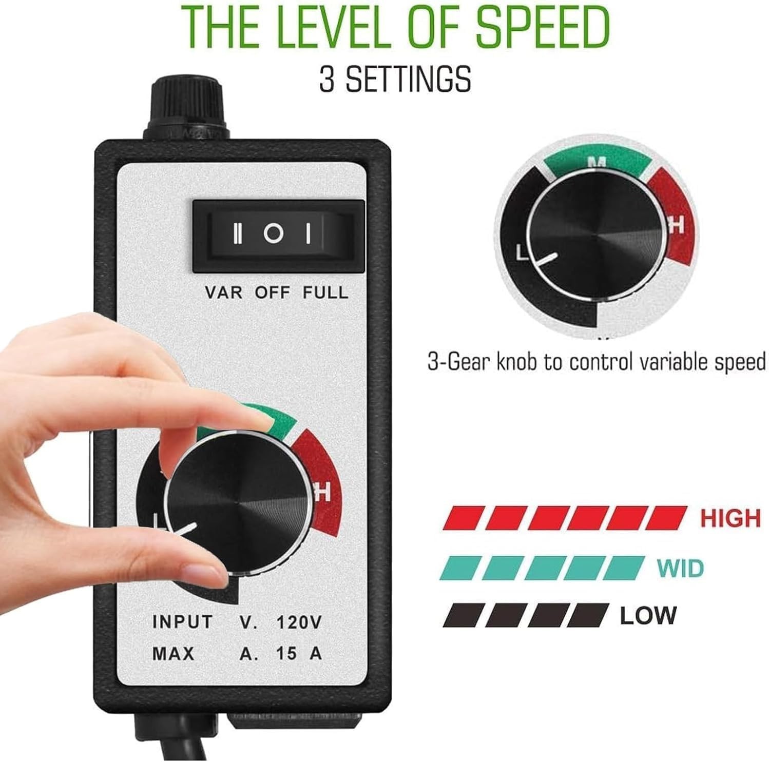 Adjustable 15A Fan Speed Controller with 6' Power Cord - Safe & Efficient