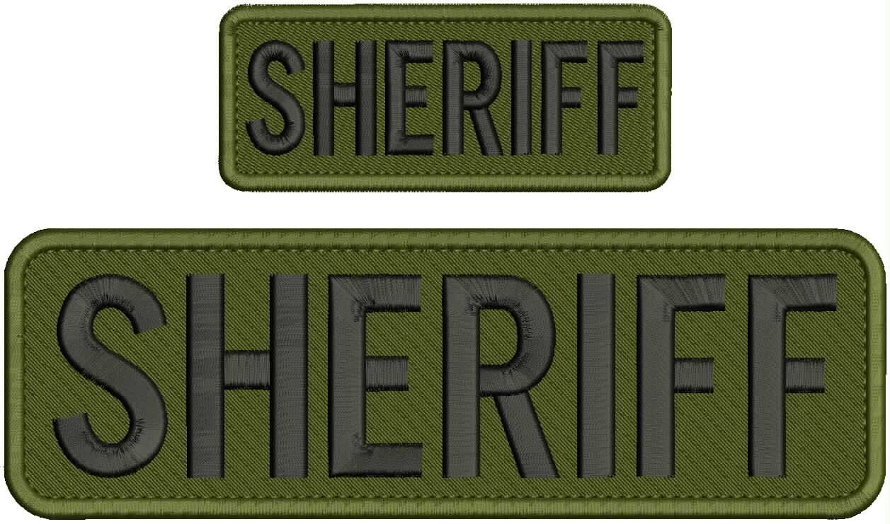 SHERIFF EMBROIDERY PATCH 3X10 AND 2X5 VELCR@ ON BACK  BLACK ON OD GREEN