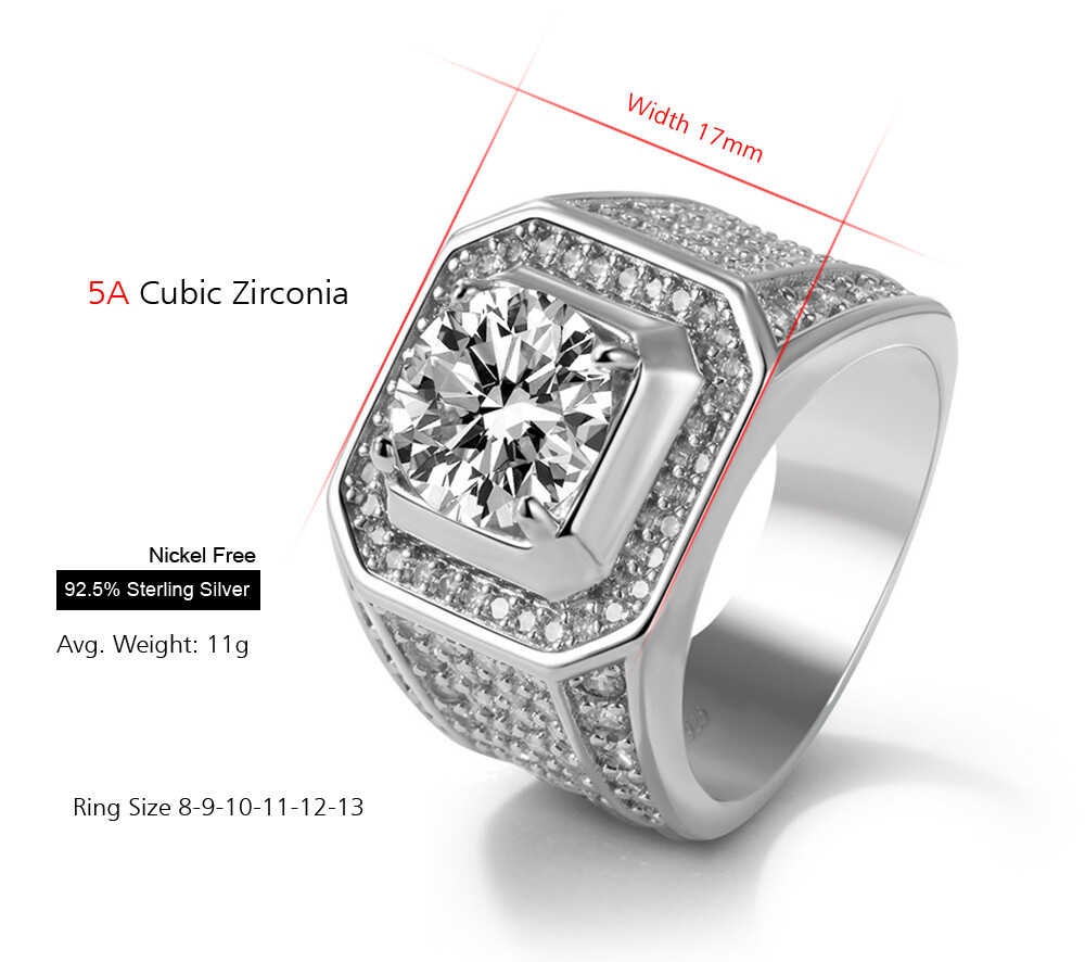 925 Sterling Silver Size 8-13 Clear Cubic Zirconia Ring Cluster Ring for Men