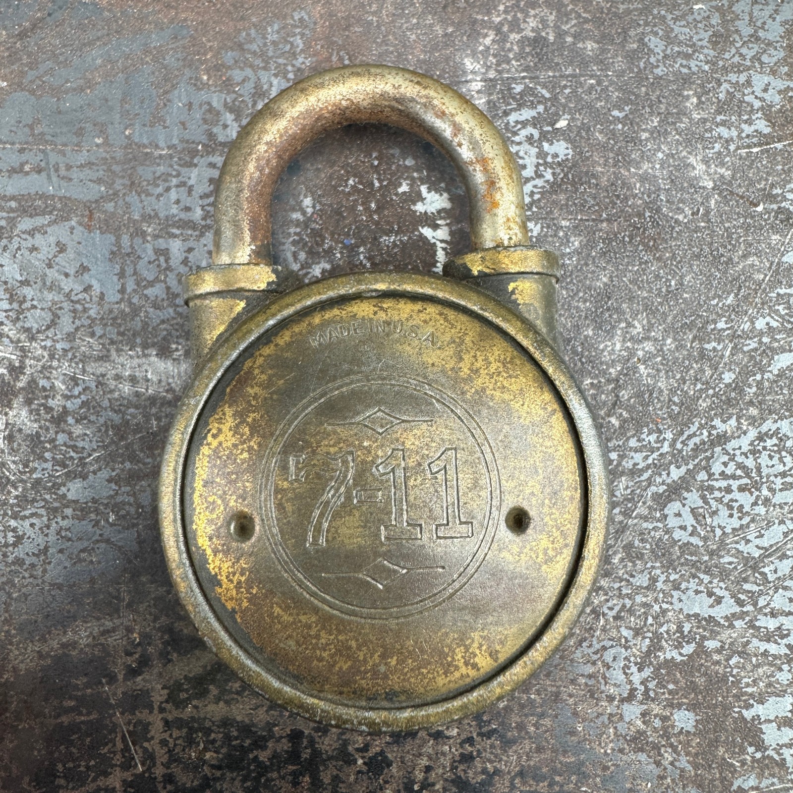 Vtg 7-11 Brass Gilt Steel Padlock - MADE IN USA - 3" Length