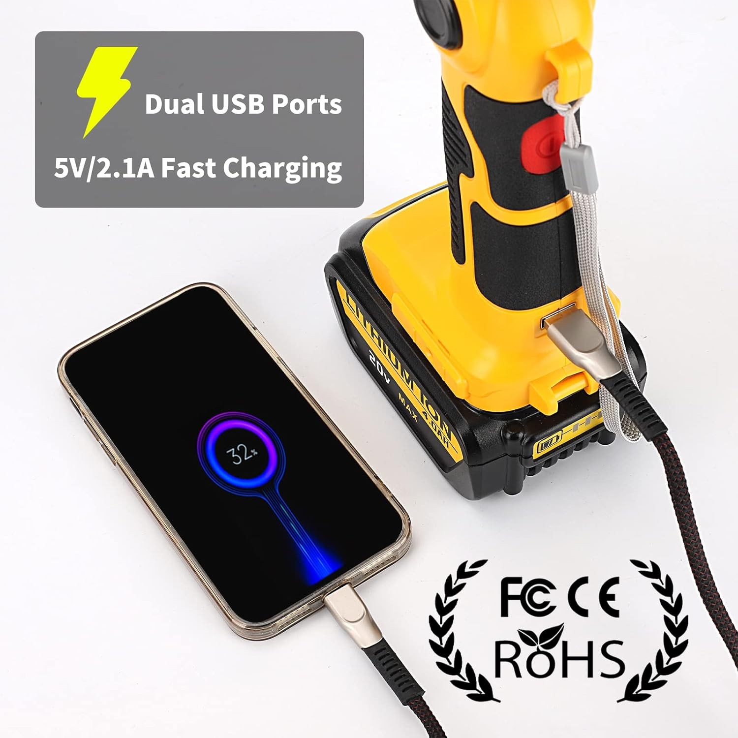 2000LM LED Work Light for Dewalt 20V Li-ion Battery 35W Flashlight for Camping