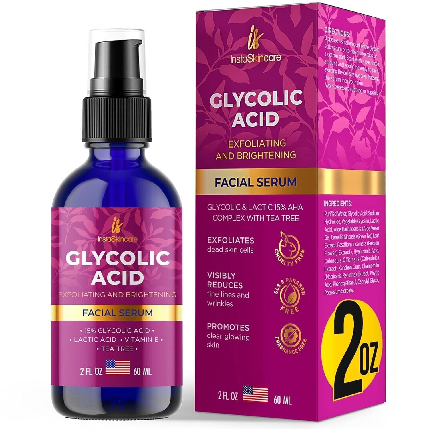 InstaSkincare 15% Glycolic Acid Serum 2oz AHA Exfoliating w Lactic Acid
