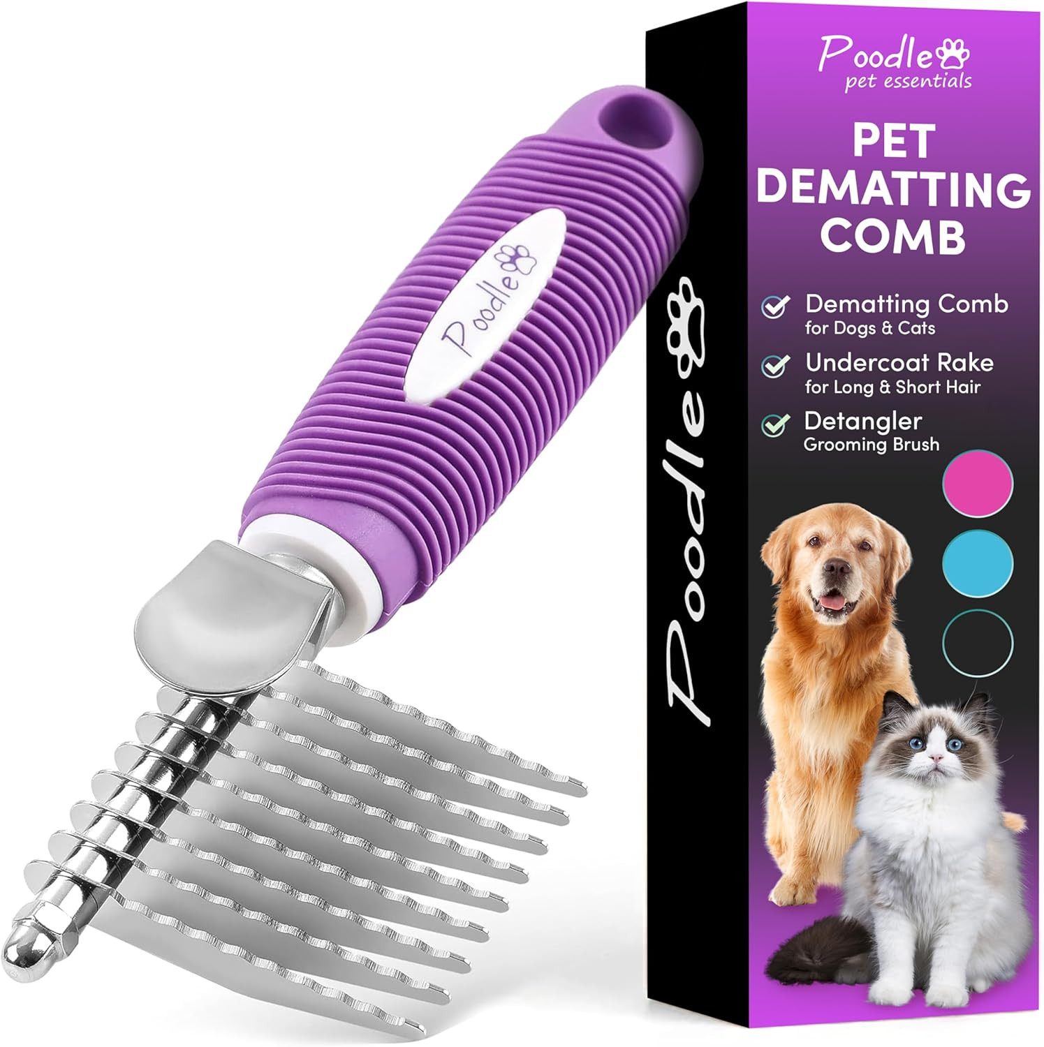 Poodle Dematting Fur Rake Comb Brush for Dogs and Cats - Long 2.5" Steel Safety