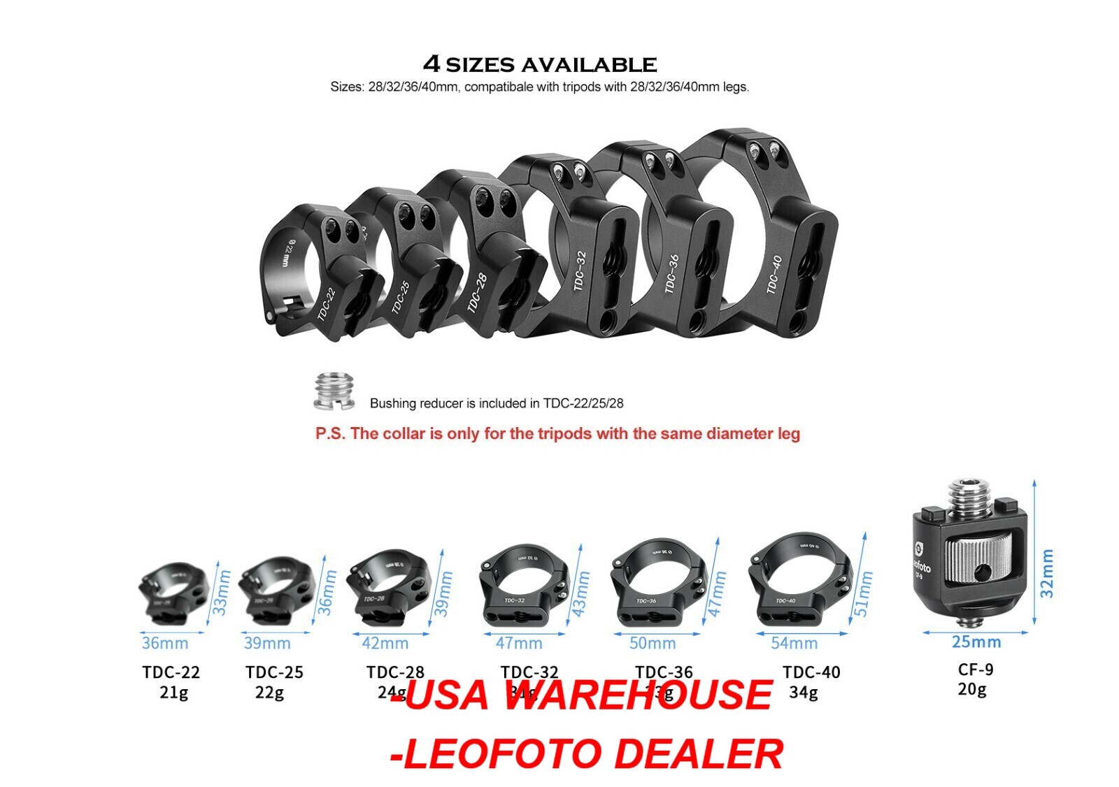 Leofoto TDC-32 + CF-9 32mm Clasp/Collar + 3/8" Screw Stud