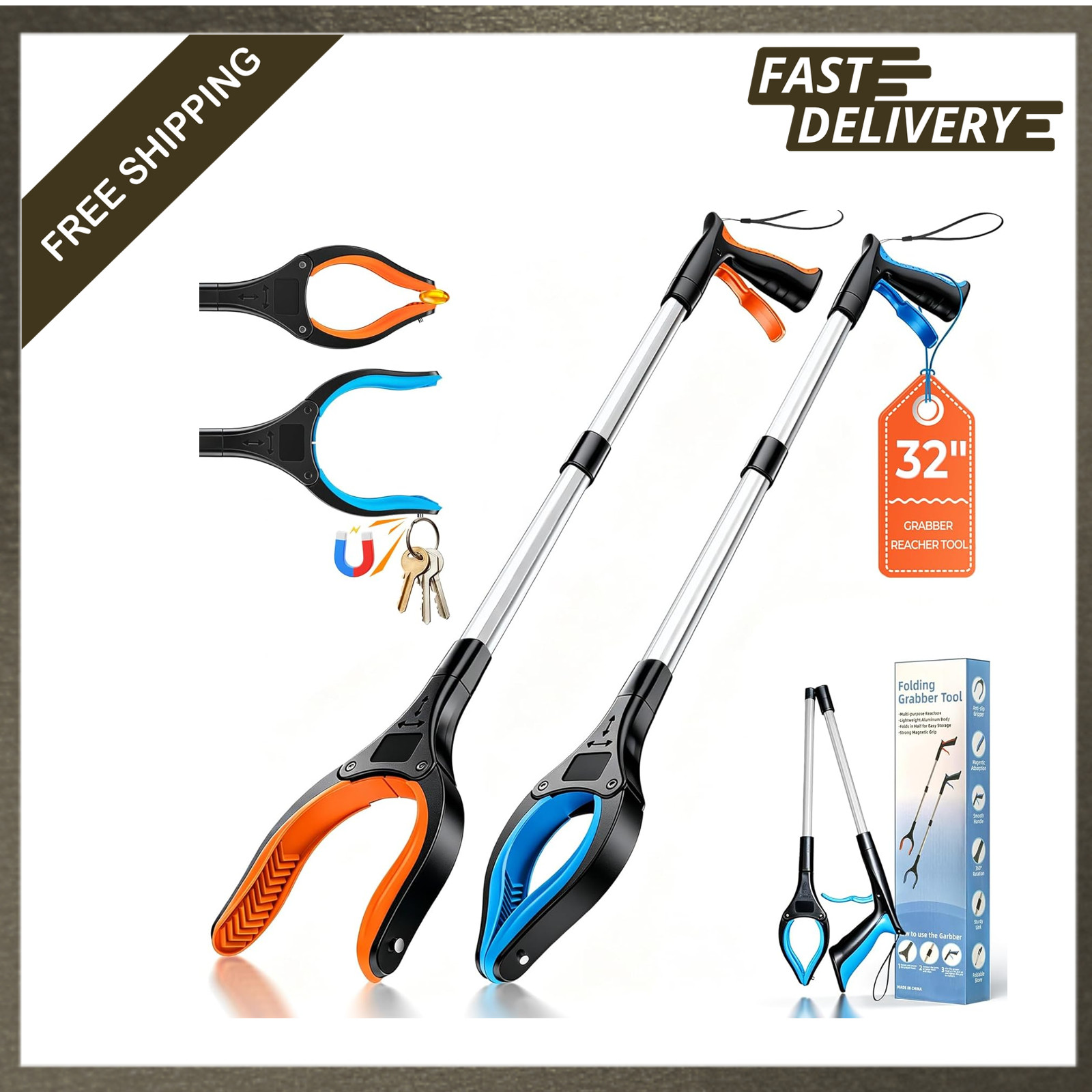32 Inch Grabber Reacher Tool, Heavy Duty Foldable Pick Up Tool, Wide Claw
