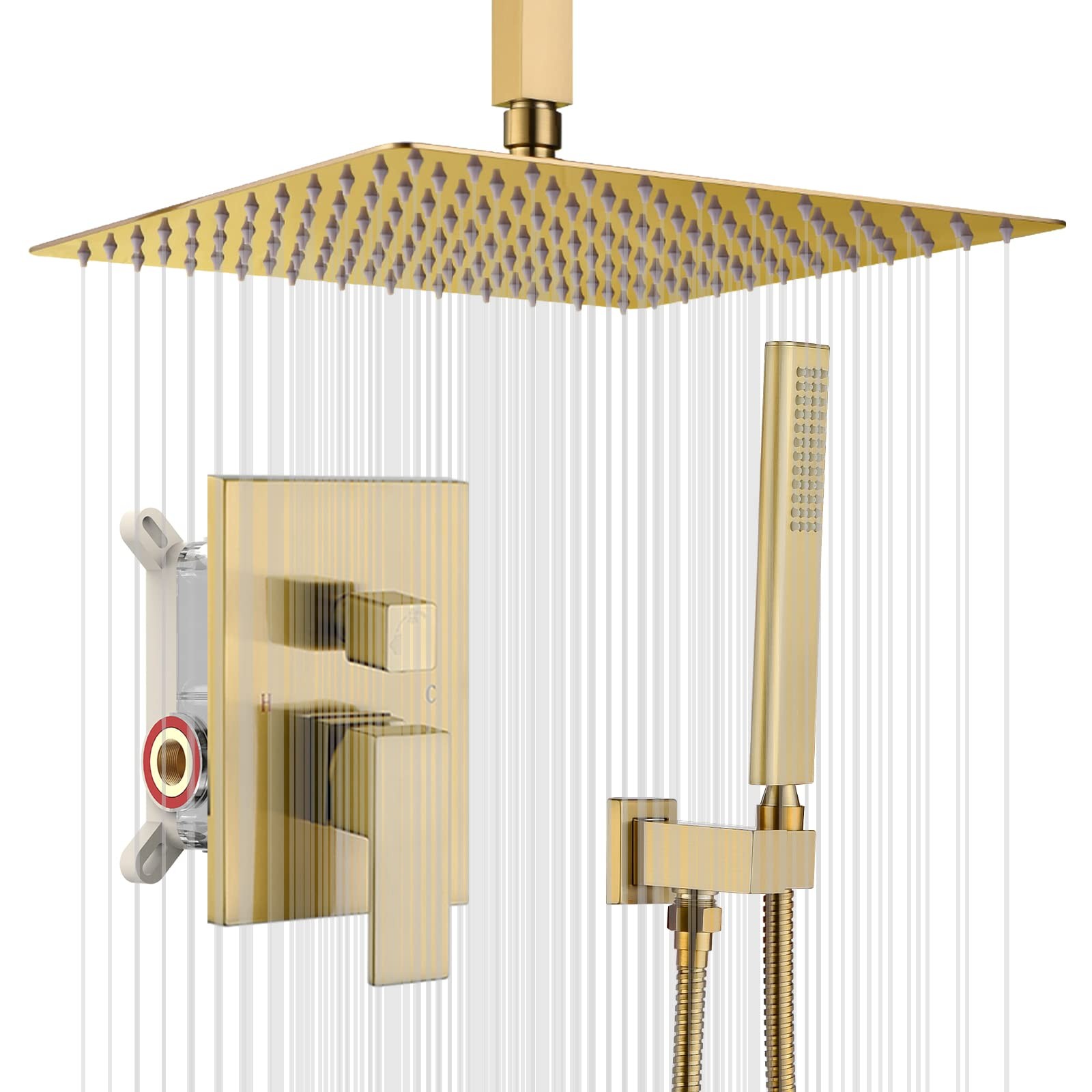 Iriber Brushed Gold Ceiling Mount Rain Shower System with 12 Inch Shower