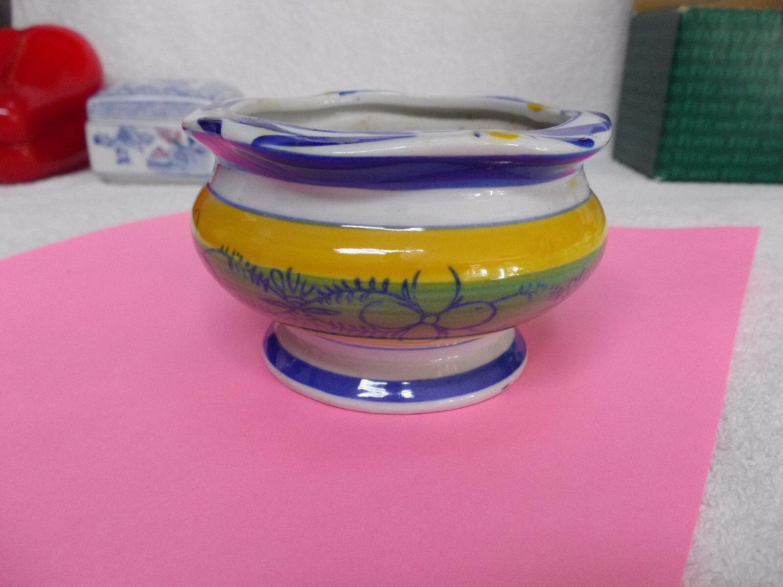 AAA Imports Ceramic Stripped Small Planter Bowl Dish Blue Green Yellow