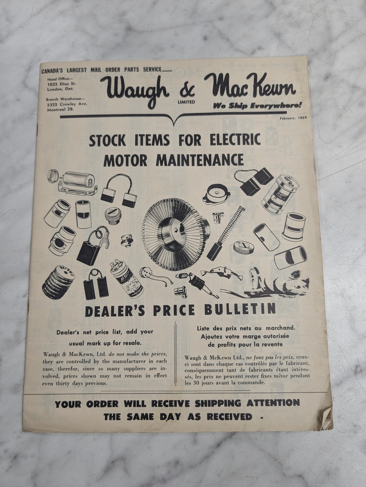 WAUGH MACKEWN ELECTRIC MOTOR MAINTENANCE DEALERS PRICE BULLETIN 1959