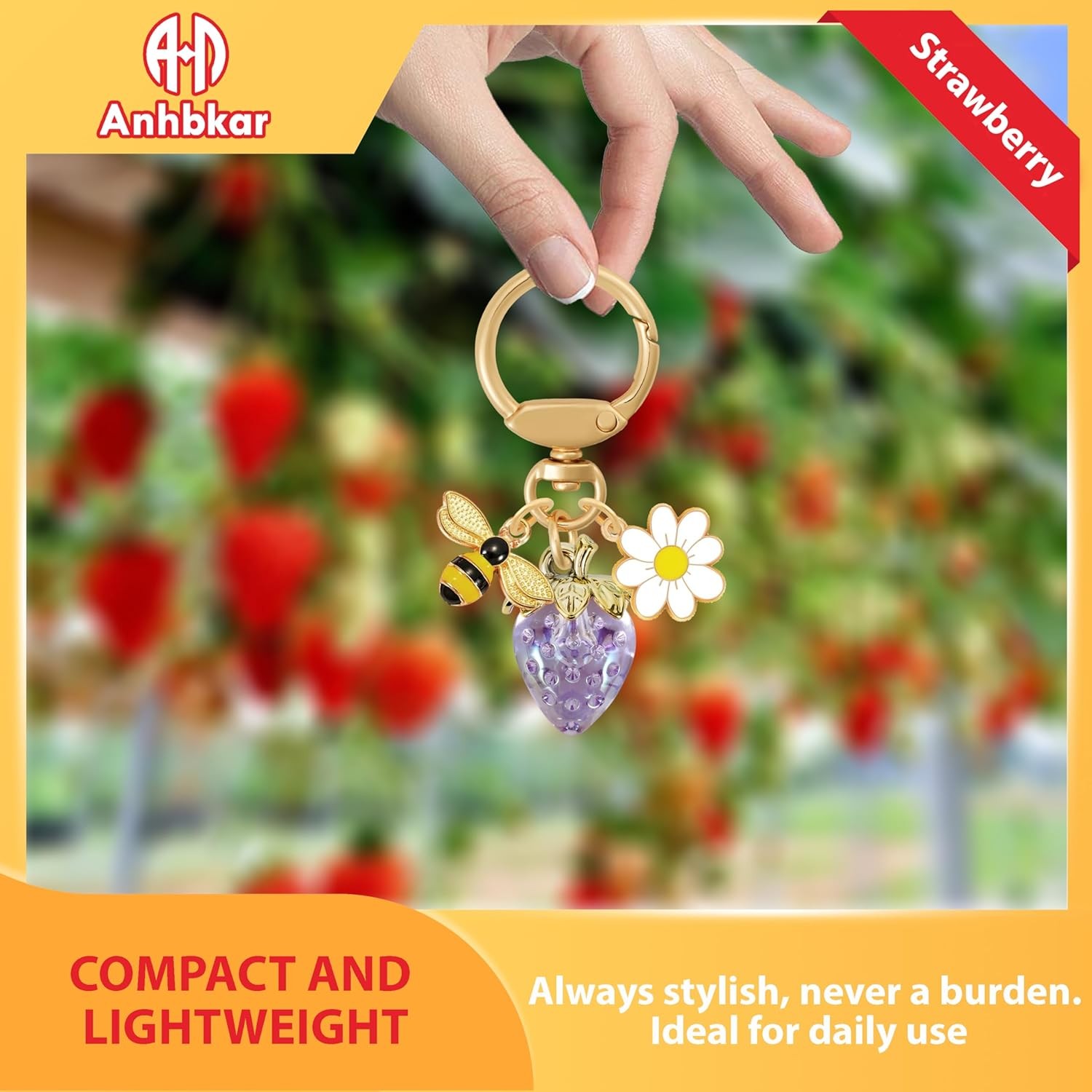 Strawberry Bag Charm with Flower & Bee for Handbags or Wallet - Cute Strawberry