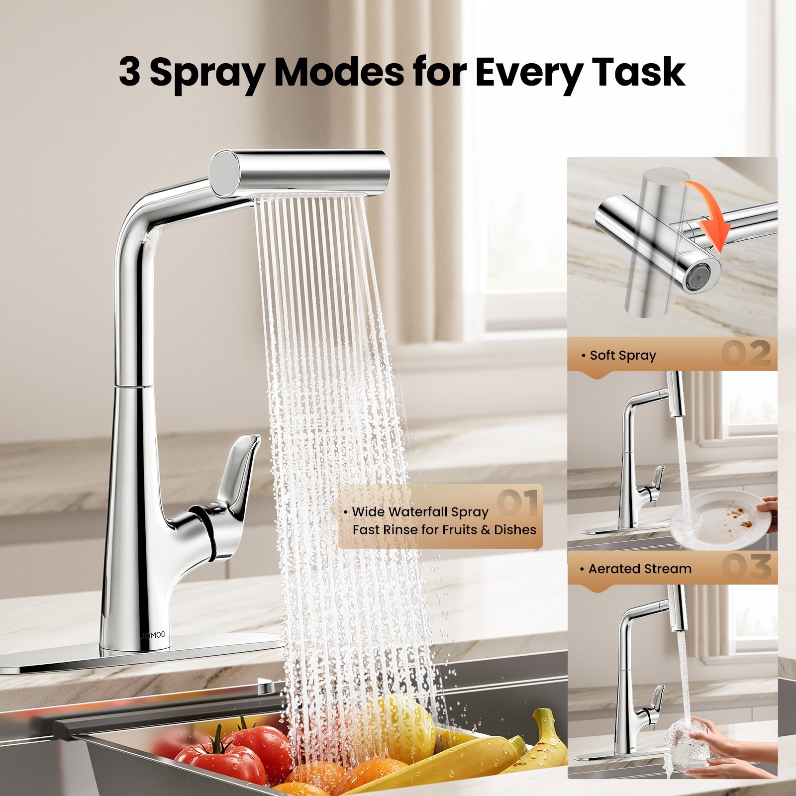 Waterfall Kitchen Faucet Pull Down Sprayer 3 Function Chrome Sink Faucet