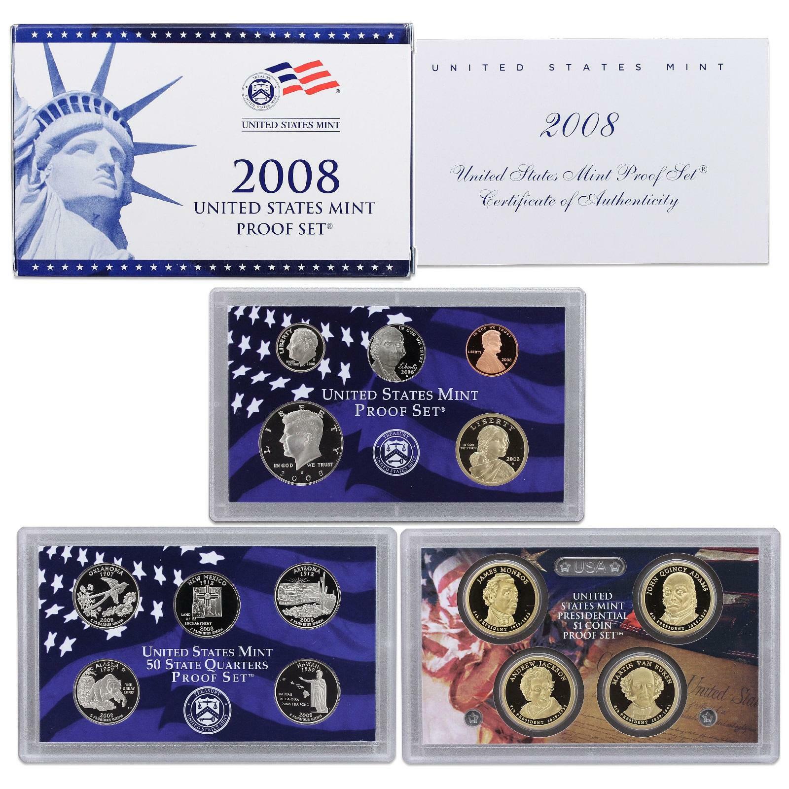 2008 S Proof Set Original Box & COA 14 Coins CN-Clad