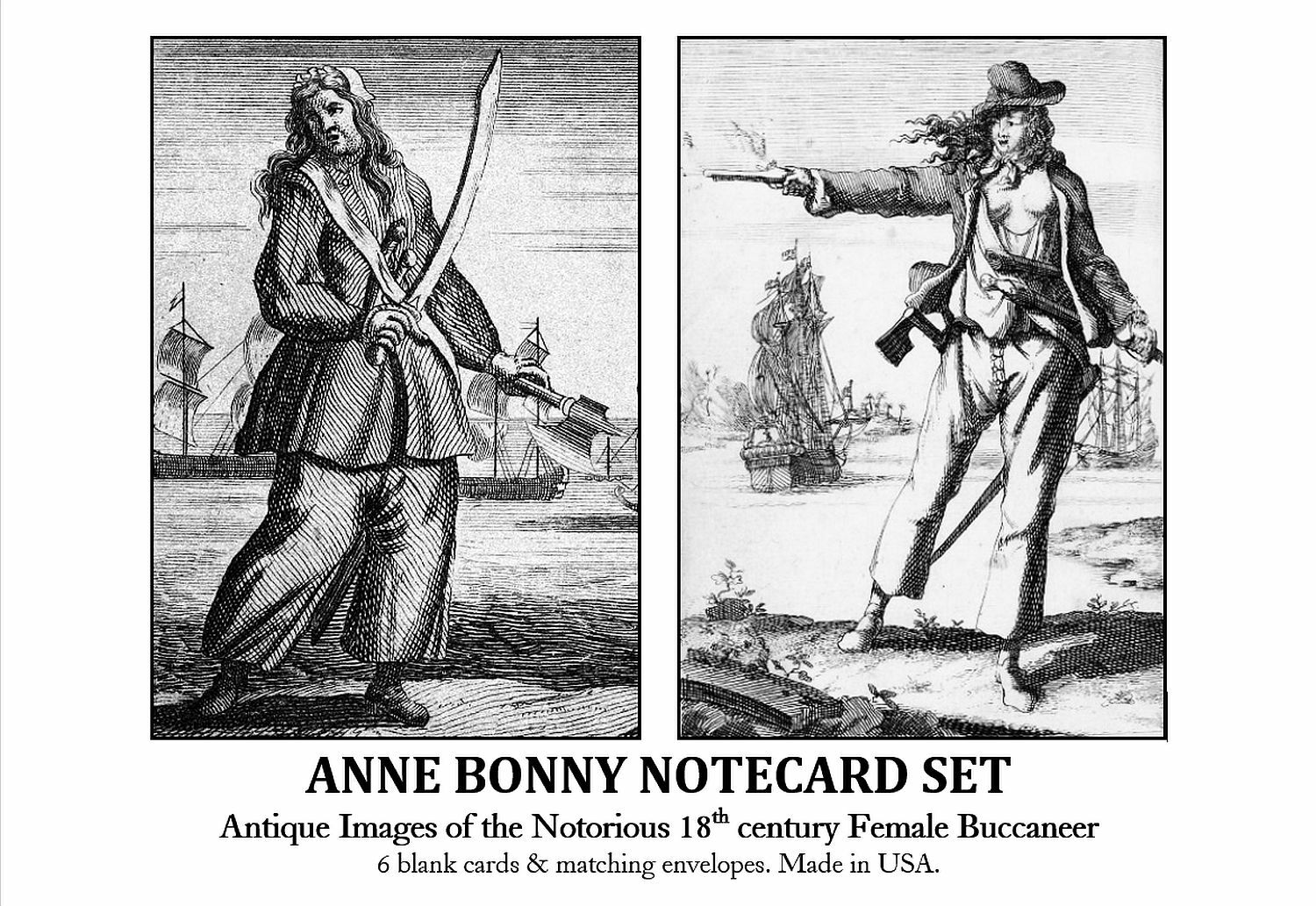 Anne Bonny Female Pirate Notecard Set. Vintage 18c b&w book illustrations