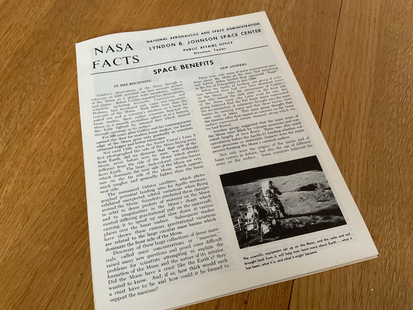 1970’S NASA SPACE CENTRE FACTS SHEET, ‘SPACE BENEFITS’