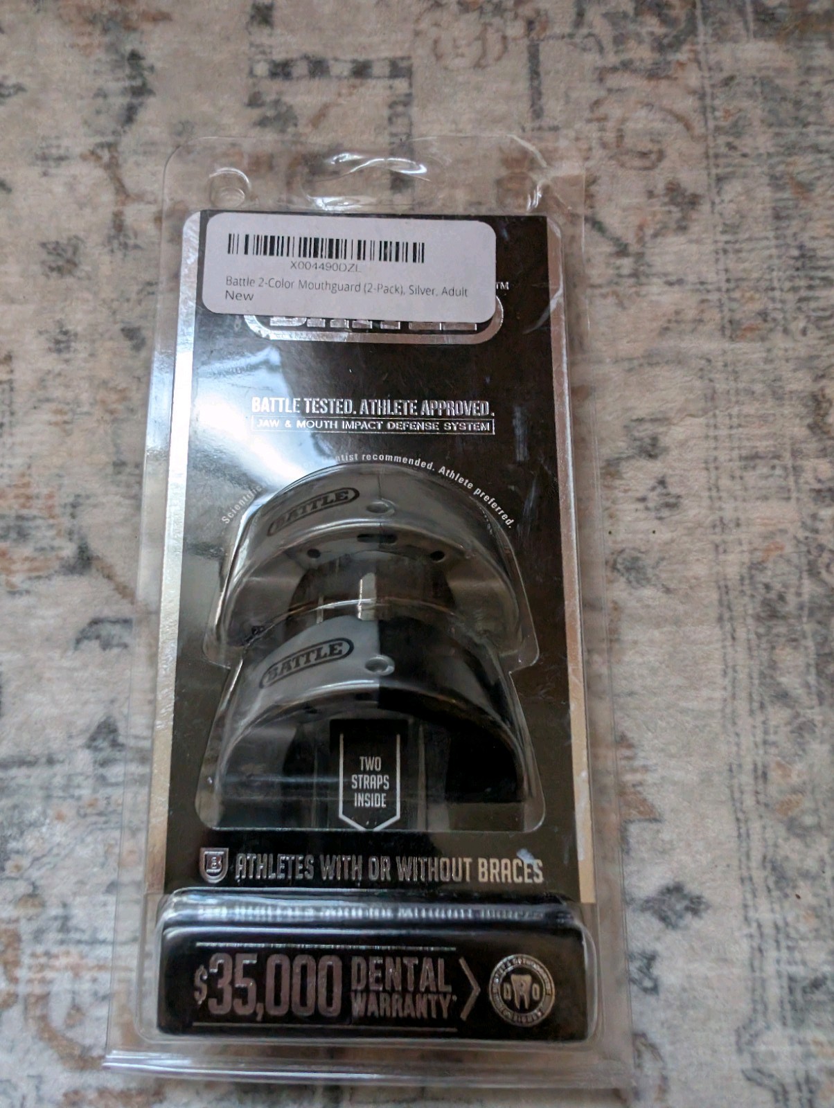 Battle Sports Adult Fang Mouthguard 2-Pack with Straps -Black/Grey