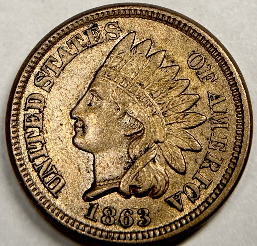 1863 Indian Head Cent . Nice Original Au+. Original Luster Remains