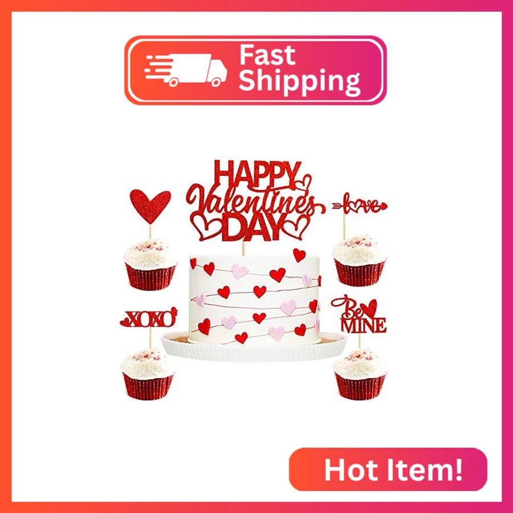 Ercadio 25 Pack Red Glitter Love Heart Cupcake Toppers with Happy Valentine's Da