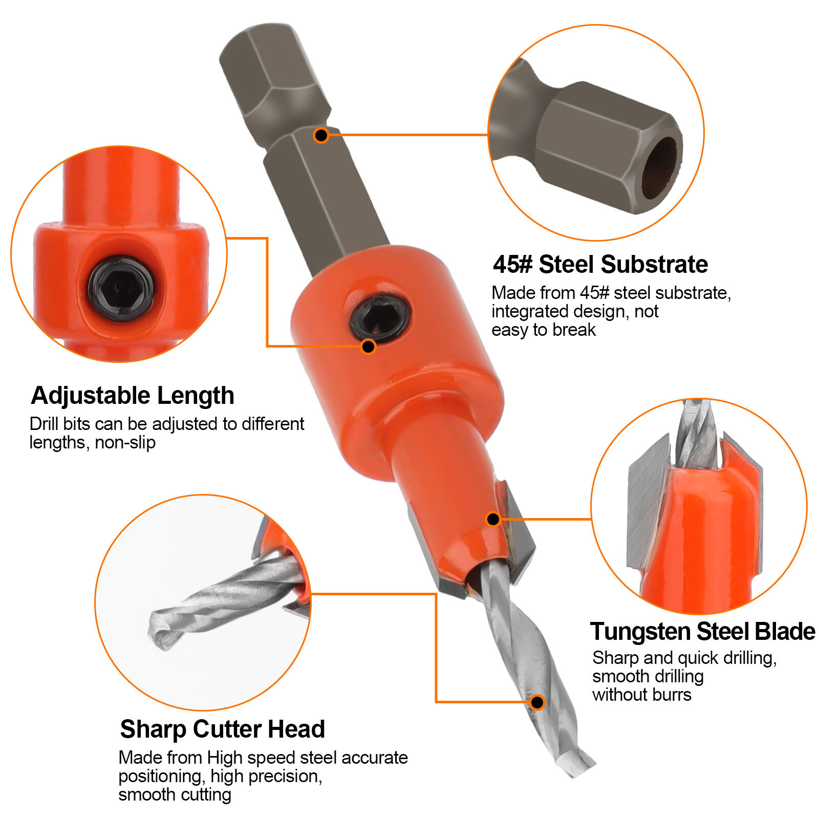 5x Counter Sink Drill Bit 1/4" Hex Shank 5x Hex Wrench 5x Replaceable Drill Bits