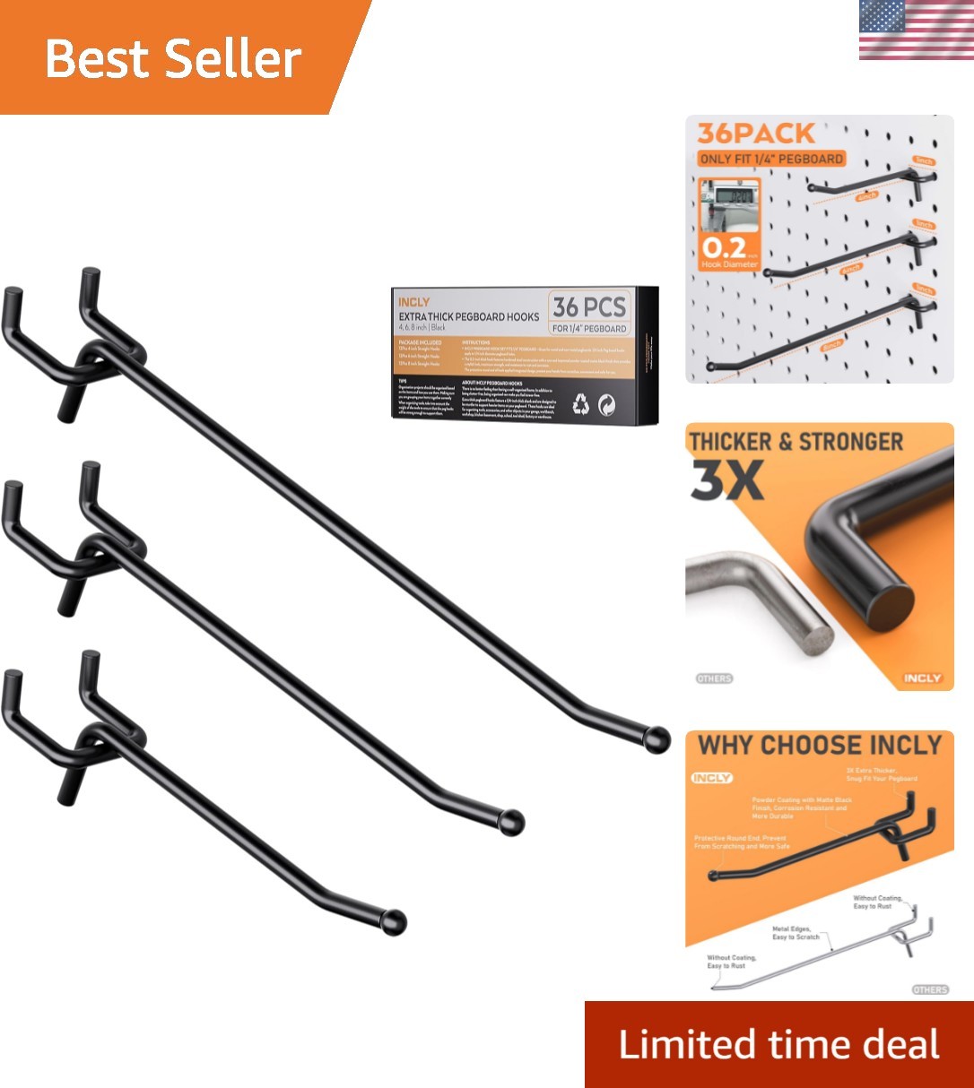 36 Pack 4/6/8 Inch Black Pegboard Hooks, 1/4" Heavy Duty Peg Board Shelving H...
