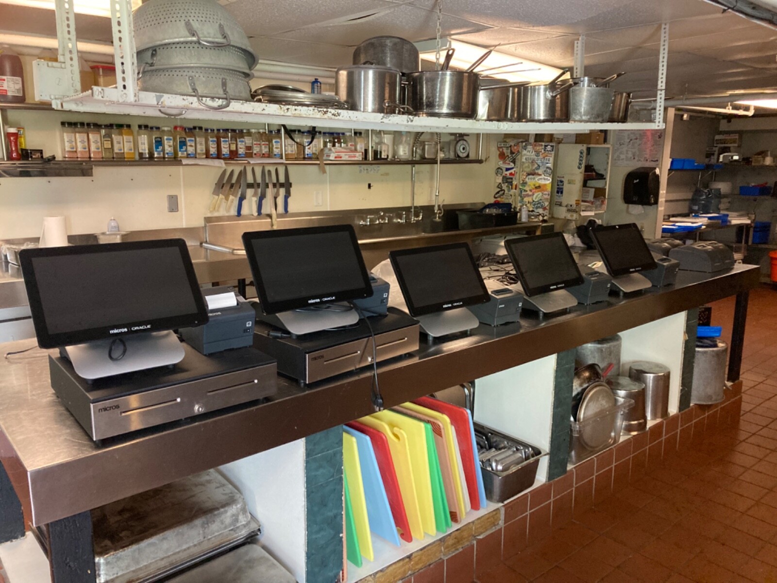 5 Micros 3700 POS Terminals with printers, 2 cash drawers, 4 kitchen printers. 