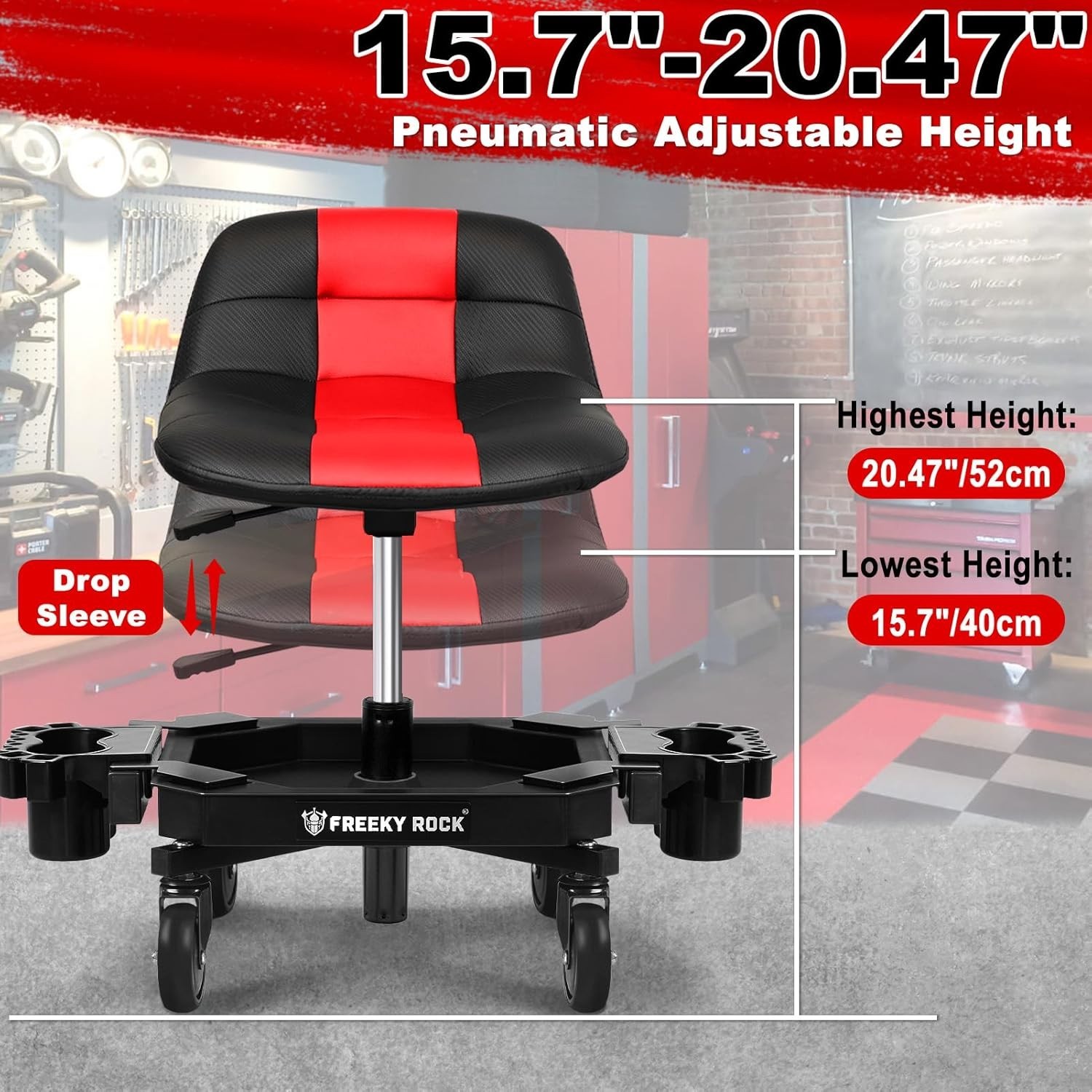 Rolling Stool with Wheels, Adjustable Height Pneumatic Garage Work Mechanic S...