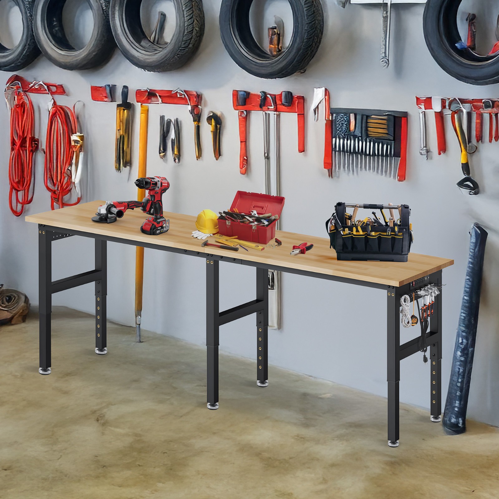 96”Adjustable Work Bench, 5000 LBS Capacity Heavy Duty Workbench with Power Outl