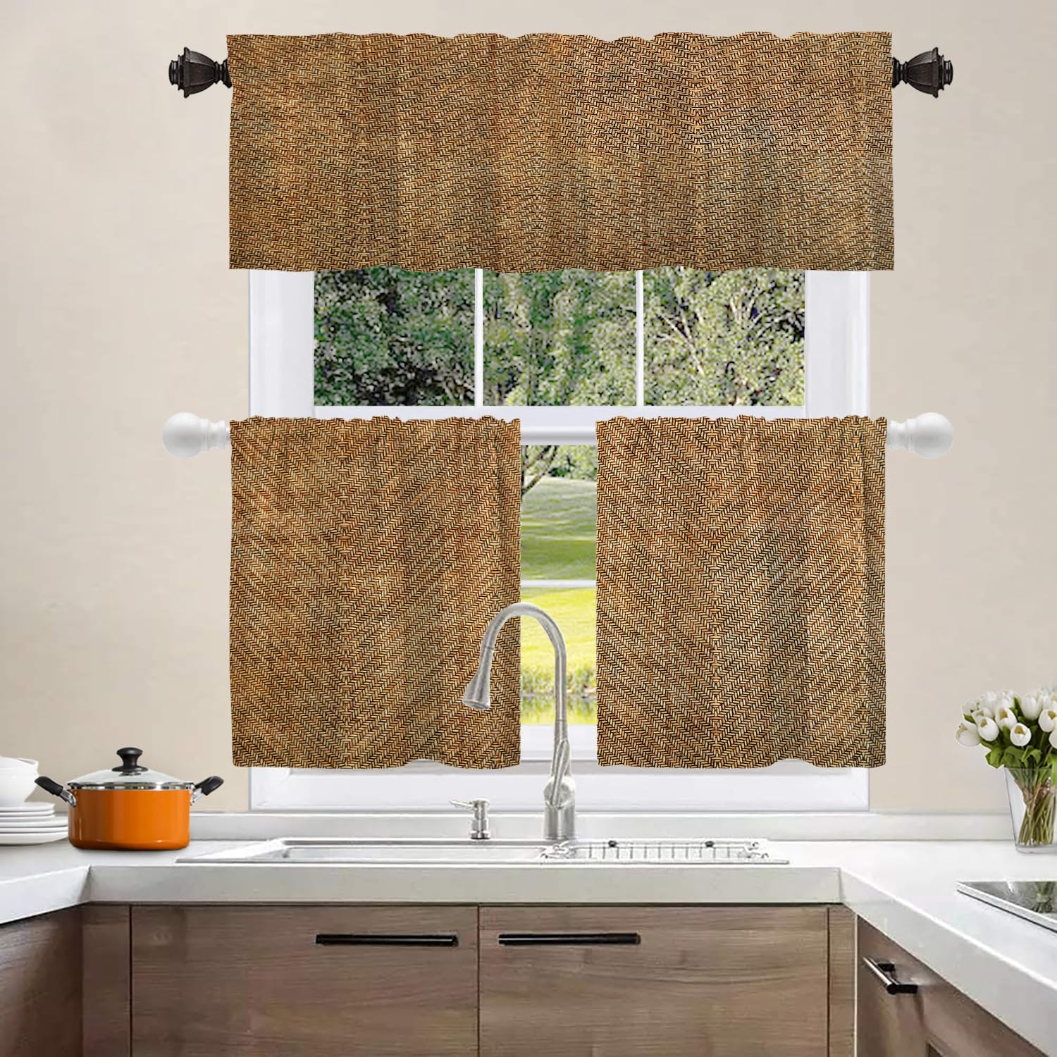 Wood Bamboo Rustic Kitchen Valances Half Window Curtain Weave Wood Pattern Textu