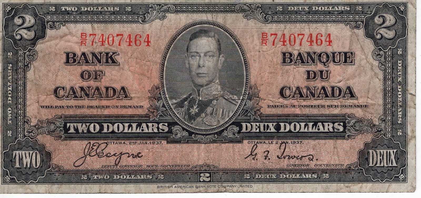 Bank of Canada 1937 $2 Two Dollars Coyne-Towers B/R Prefix Fine