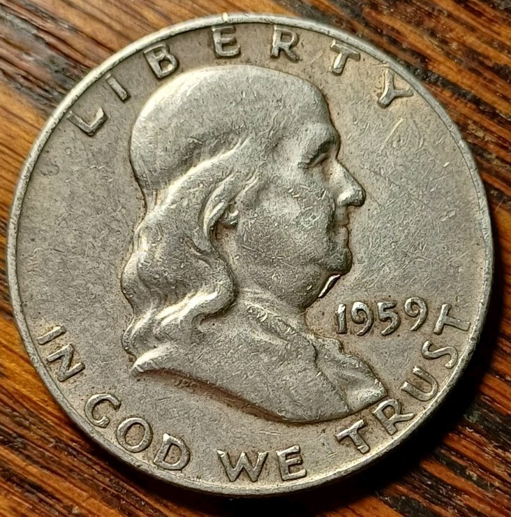 Rare 1959 P Franklin Silver Half Dollar ERROR Coin GOITER NECK Die Break FS-402