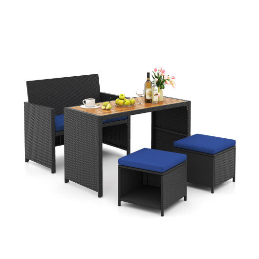 4 Piece Outdoor Dining Set with Wood Topped Dining Table Rattan Loveseat Chair a