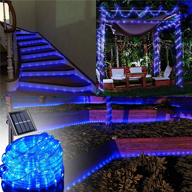 39FT Solar Rope Lights Outdoor Waterproof Blue LED PVC Tube Fairy String Lights