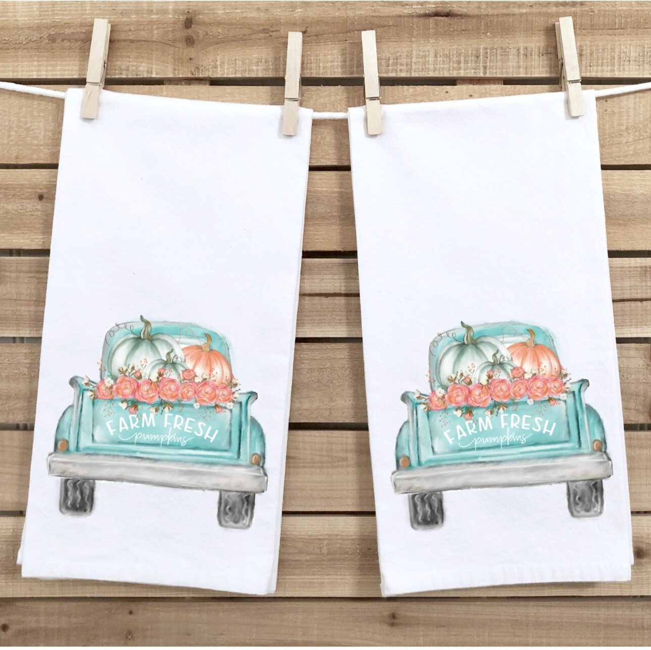 Thanksgiving Tea Towels, Set of 2, Blue Pumpkin Truck, Kitchen or Bathroom, Fall