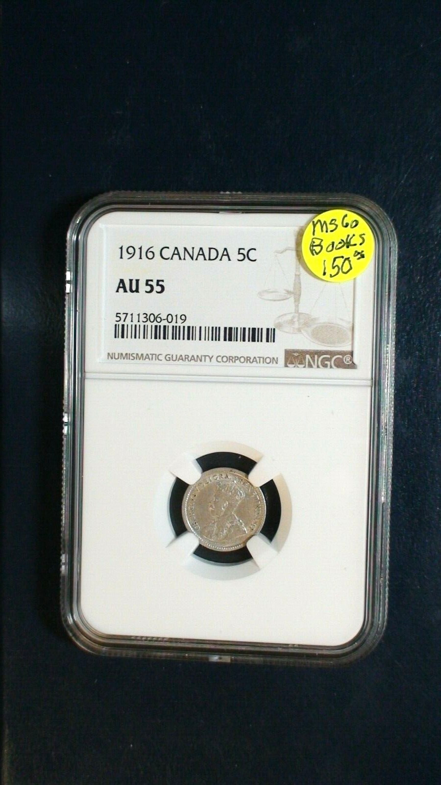 1916 Canada FIVE CENTS NGC AU55 SILVER 5C Coin PRICED TO SELL NOW!