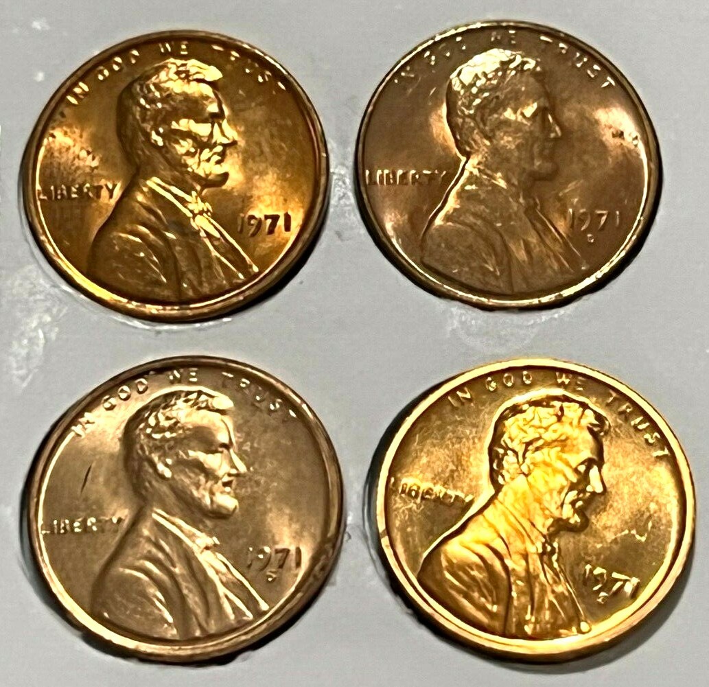 1971 P  D S S GEM UNCIRCULATED  LINCOLN CENTS + PROOF (4 COINS)