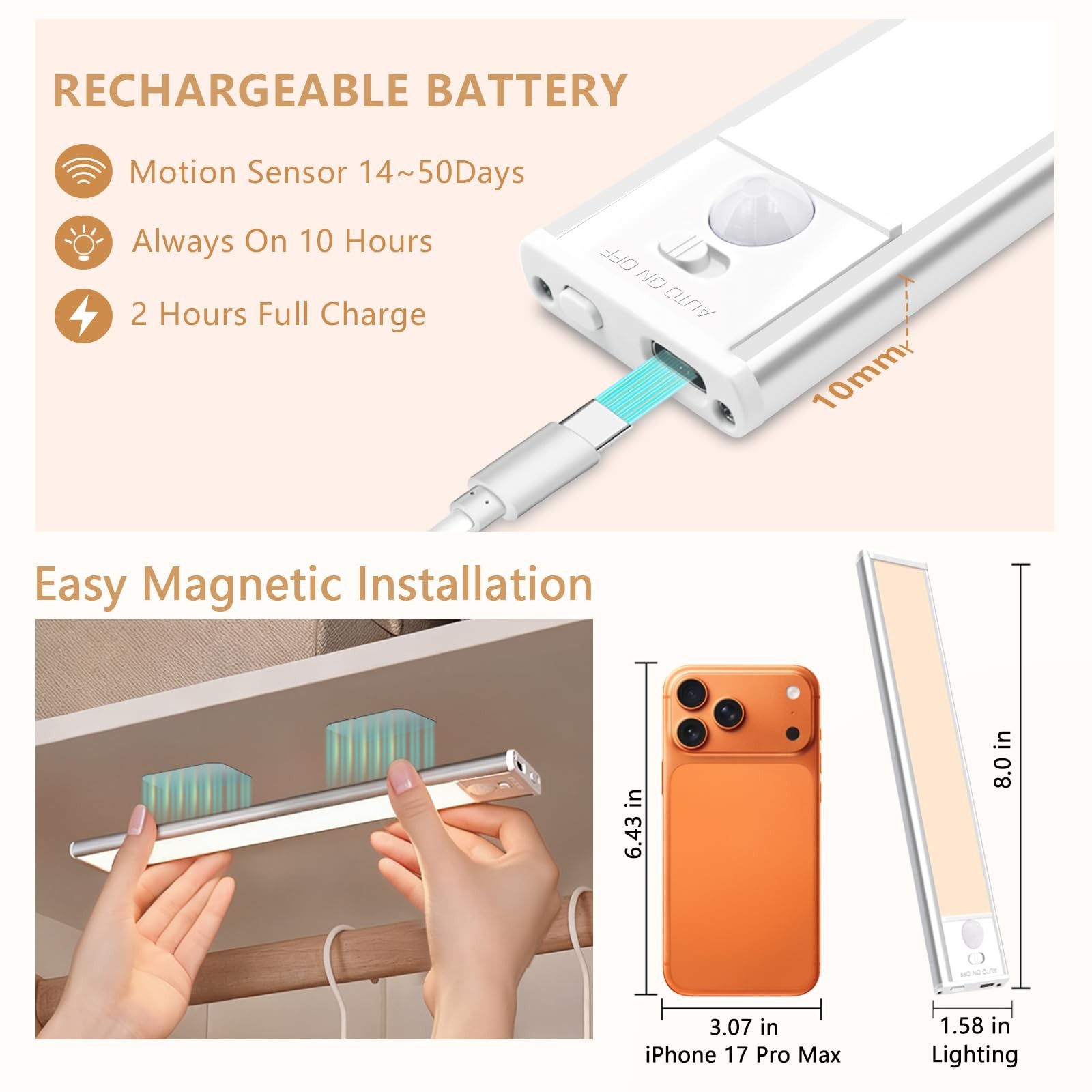 Under Cabinet Lighting, 2Pack Rechargeable Magnetic Motion Sensor,Stepless Di...
