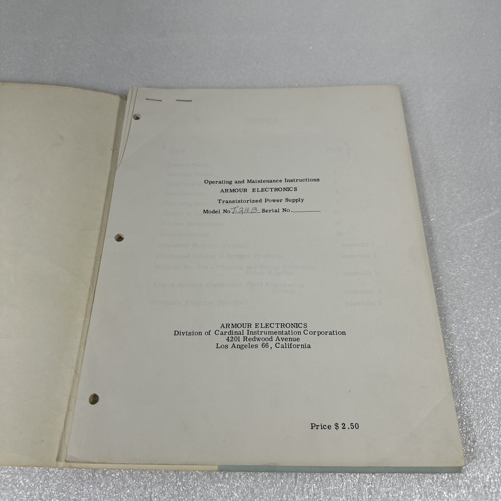 Armour Electronics T210B Transistorized Power Supply Operating Instructions