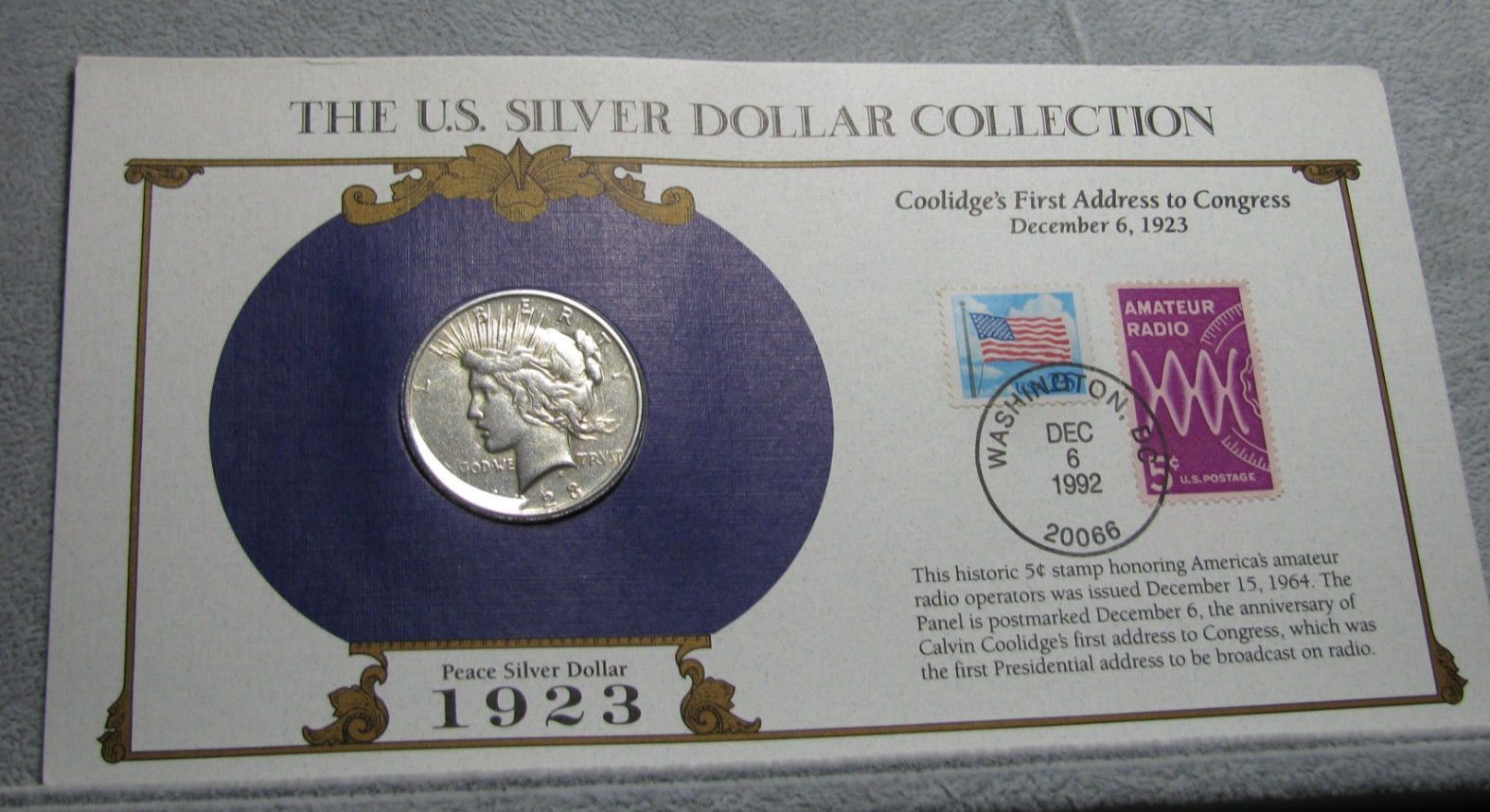 1923-D Peace Dollar Silver ---- US Silver Dollar Collection with stamp