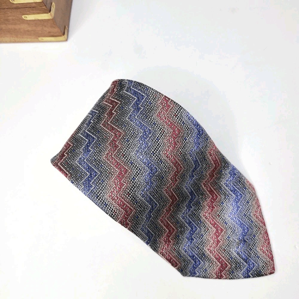 Missoni Cravatte Mens Tie Wavy Zig Zag Print Silk Woven Vintage-Read*Flaw*