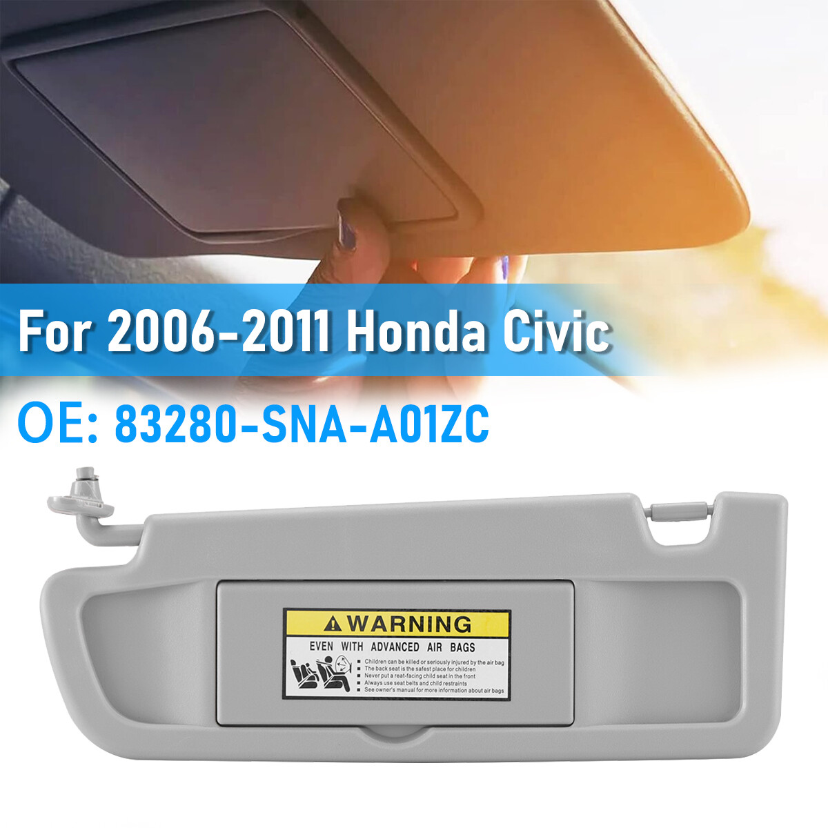 For 2006-2011 Honda Civic Driver Side Left Car Sun Visor Gray 83280-SNA-A01ZC