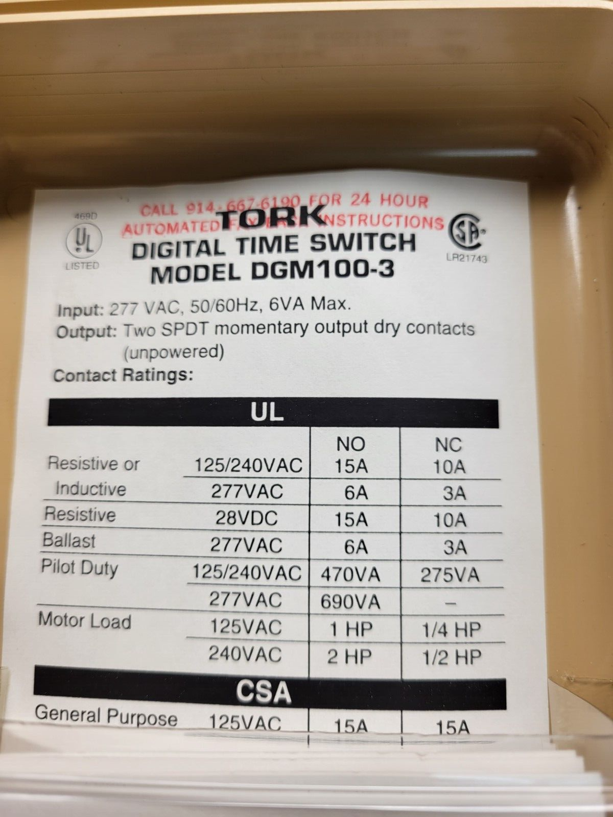 Tork DGM100 Time Switch. 277 Volt.