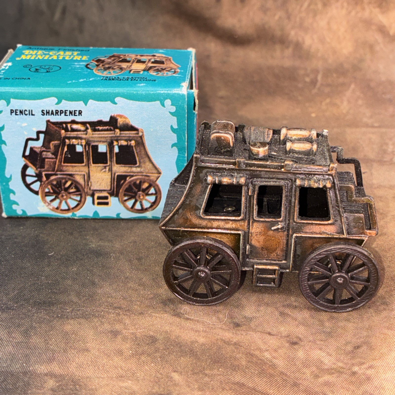 Vintage 1970s Stagecoach Pencil Sharpener Die Cast Metal Antique Bronze Finish