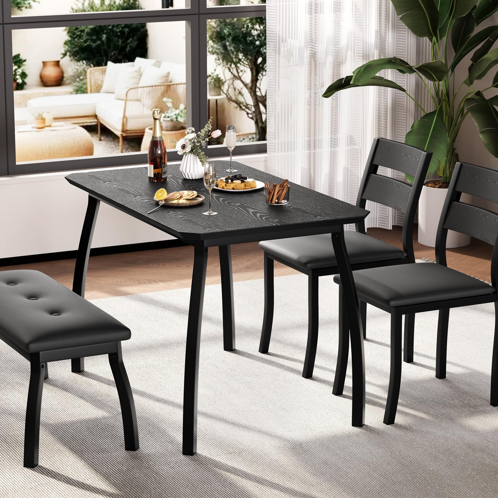 43 Inch 4 Piece Kitchen Table Set with Bench & 2 Cushion Chairs for Small Studio