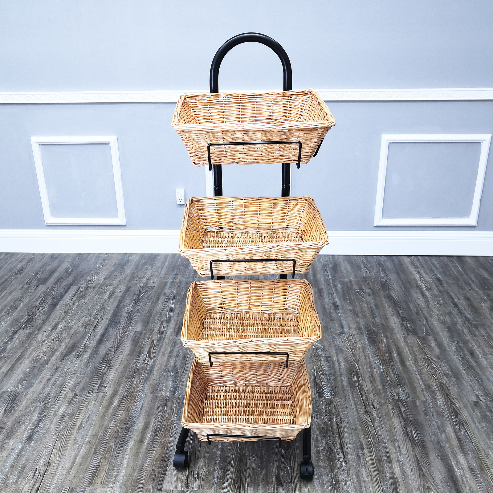 Rolling Wicker Basket Display Market Merchandiser Stand Kitchen Pantry Organizer