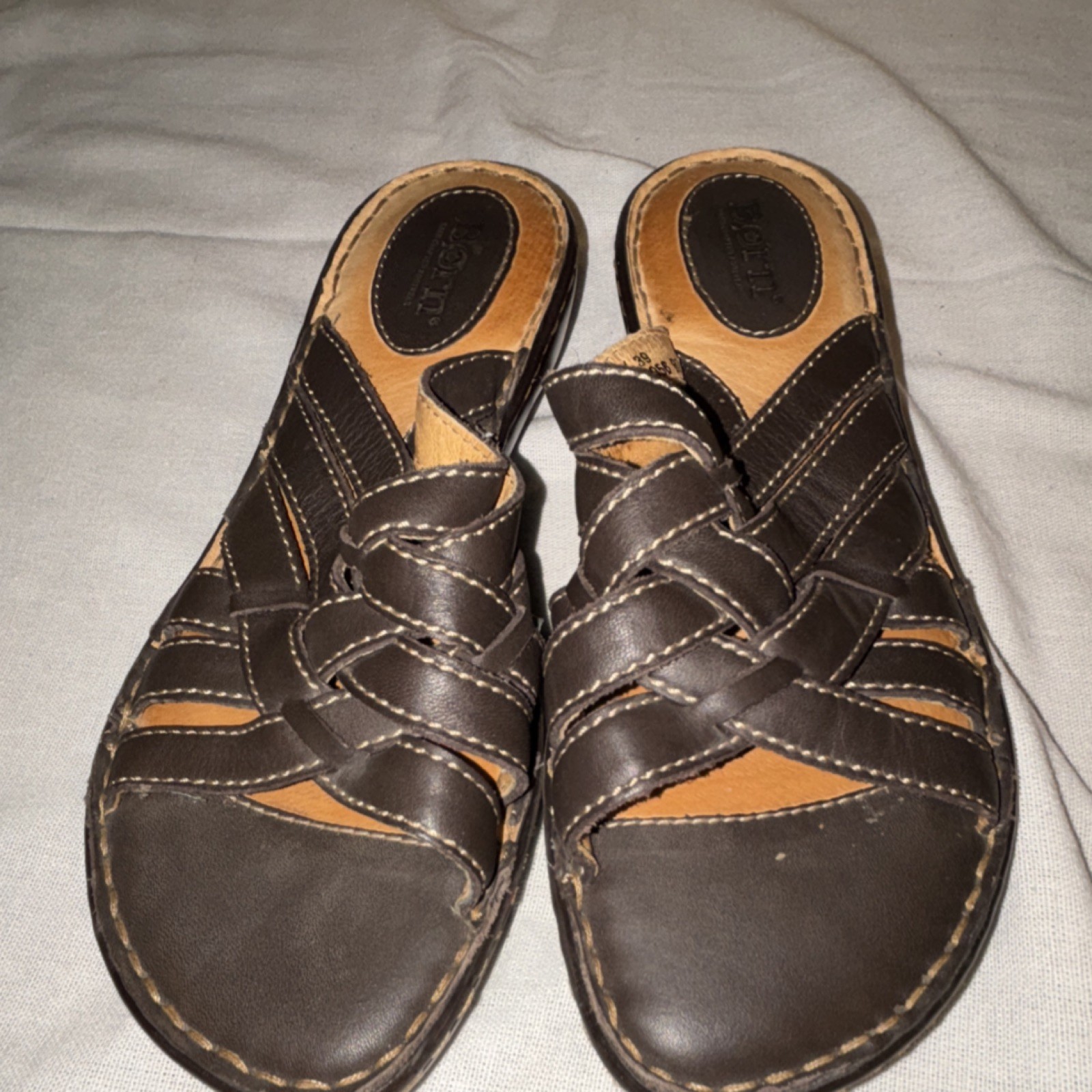 Børn Women's Wedge Sandals Brown Leather Slip-On Stitched Comfort 8 Casual