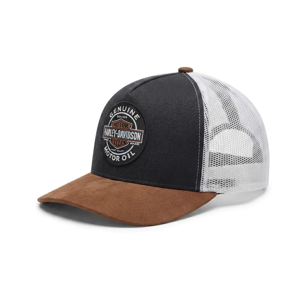 Harley Davidson Trucker Hat Motor Oil Embroidered Patch Black Brown Cap