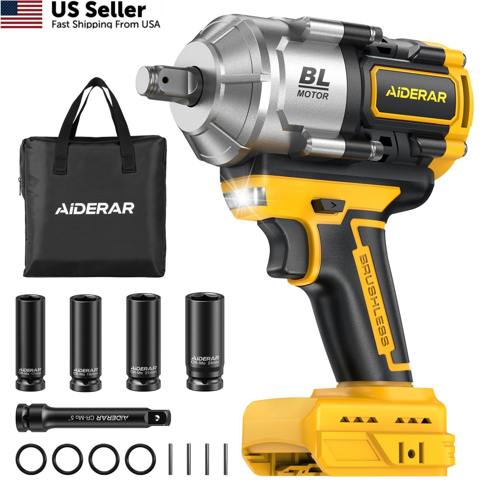 AIDERAR 20V Cordless Impact Wrench for DeWalt Battery, Yellow+1106ft-lbs